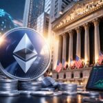 イーサリアムとビットコインのコインと金融市場の上昇を示すグラフ、米国の証券取引所を背景にした資産拡大イメージ