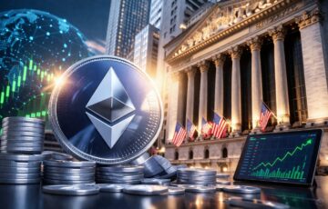 イーサリアムとビットコインのコインと金融市場の上昇を示すグラフ、米国の証券取引所を背景にした資産拡大イメージ