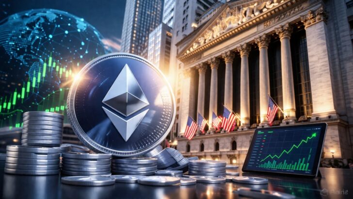 イーサリアムとビットコインのコインと金融市場の上昇を示すグラフ、米国の証券取引所を背景にした資産拡大イメージ