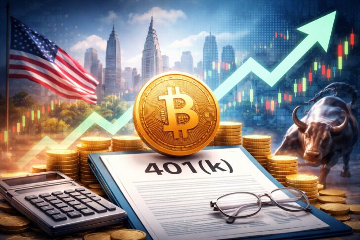 米国の401(k)退職年金制度に仮想通貨が組み込まれる動きを表現したイメージ