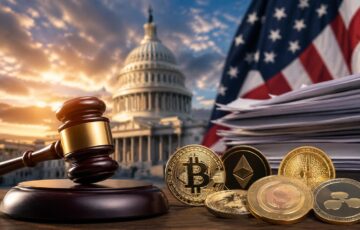 米議会と仮想通貨規制を象徴する木槌と仮想通貨コインのイメージ