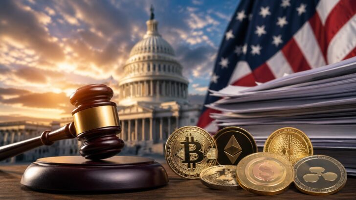 米議会と仮想通貨規制を象徴する木槌と仮想通貨コインのイメージ