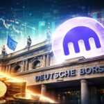 ドイツ証券取引所とクラーケンの提携をイメージしたイラスト、ビットコインと金融市場の融合を表現