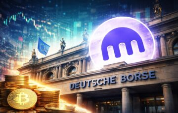 ドイツ証券取引所とクラーケンの提携をイメージしたイラスト、ビットコインと金融市場の融合を表現