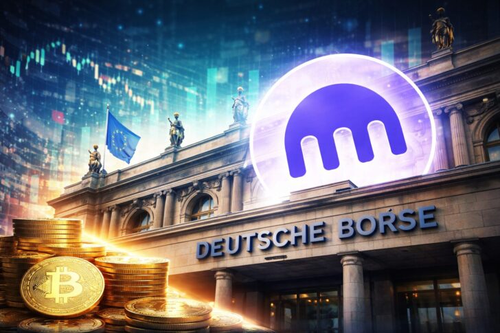 ドイツ証券取引所とクラーケンの提携をイメージしたイラスト、ビットコインと金融市場の融合を表現