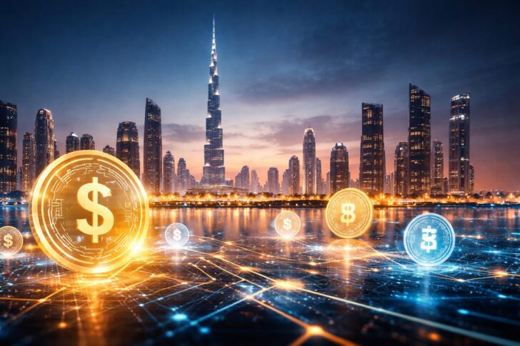 ドバイの都市景観と仮想通貨を組み合わせたイメージ、RWAやステーブルコイン規制の枠組みを表現