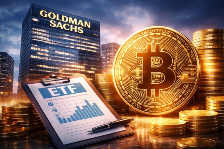 ゴールドマン・サックスのビットコイン収益型ETFをイメージしたイラスト、ビットコインとETF書類、金融街のビル群