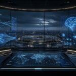 AI技術と軍事利用を示すデータ解析画面とペンタゴンを背景にしたイメージ