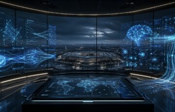 AI技術と軍事利用を示すデータ解析画面とペンタゴンを背景にしたイメージ