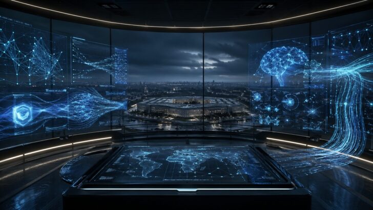 AI技術と軍事利用を示すデータ解析画面とペンタゴンを背景にしたイメージ