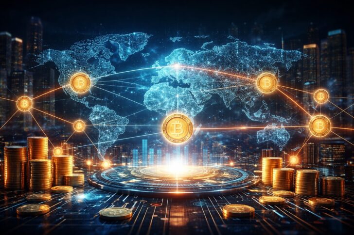 トークン化された金融システムとグローバルな資産移動を示すデジタルイメージ