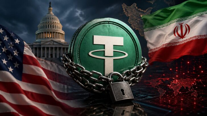 米国による制裁でロックされたUSDTとイラン情勢を象徴するビジュアル