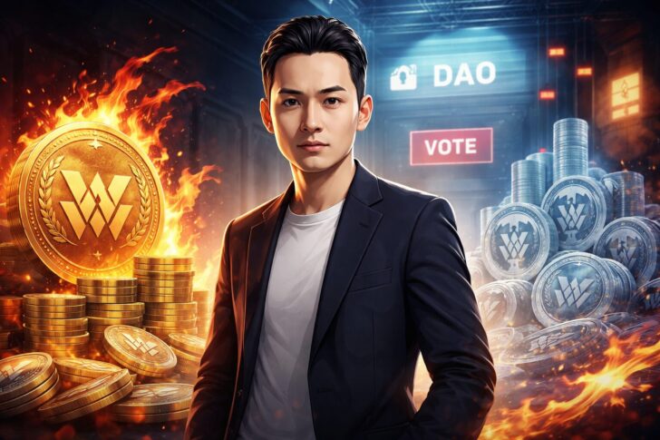 ジャスティン・サン氏とWLFIトークン、DAOガバナンス対立と資産凍結問題を象徴するイメージ