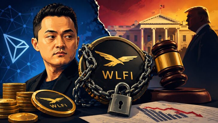 ジャスティン・サン氏とWLFIトークン凍結を巡る訴訟を表現したイラスト