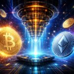 量子コンピューターとビットコイン・イーサリアムを象徴する仮想通貨のセキュリティリスクを表現したイメージ