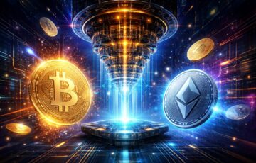 量子コンピューターとビットコイン・イーサリアムを象徴する仮想通貨のセキュリティリスクを表現したイメージ