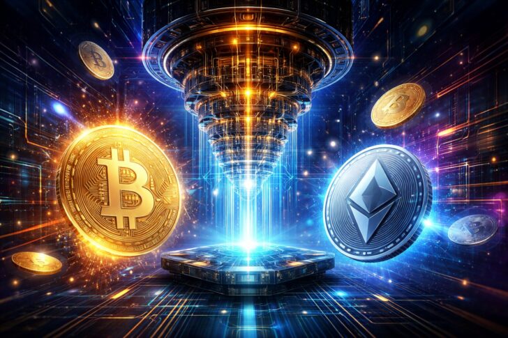 量子コンピューターとビットコイン・イーサリアムを象徴する仮想通貨のセキュリティリスクを表現したイメージ