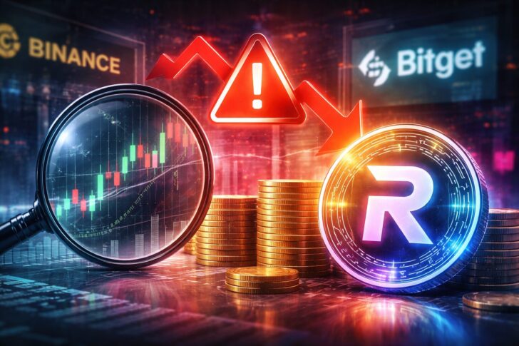 RAVEトークンの価格急騰と急落、市場操作疑惑と取引所調査を示すイメージ