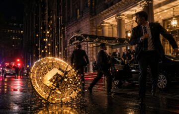 政治イベント会場での緊急事態を背景に仮想通貨価格の下落を表現したイメージ