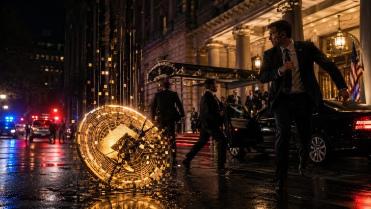 政治イベント会場での緊急事態を背景に仮想通貨価格の下落を表現したイメージ