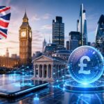 英国ロンドンの街並みとポンドコイン、デジタル決済ネットワークを象徴するビジュアル