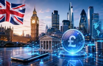 英国ロンドンの街並みとポンドコイン、デジタル決済ネットワークを象徴するビジュアル