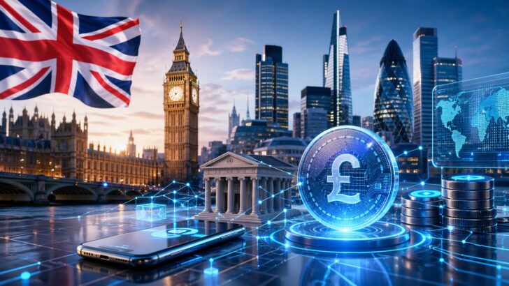 英国ロンドンの街並みとポンドコイン、デジタル決済ネットワークを象徴するビジュアル