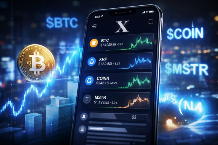 Xのスマートキャッシュタグ機能により仮想通貨と株式のリアルタイム価格チャートを表示するイメージ