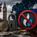 英国による仮想通貨取引所への制裁措置とロシア関連ネットワークへの監視強化を表現した画像