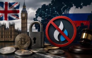 英国による仮想通貨取引所への制裁措置とロシア関連ネットワークへの監視強化を表現した画像