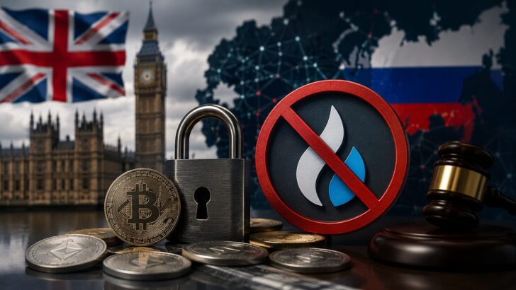英国による仮想通貨取引所への制裁措置とロシア関連ネットワークへの監視強化を表現した画像