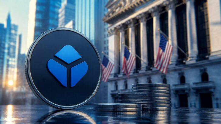 米国の金融街を背景に、Blockchain.comのIPO申請と仮想通貨企業の上場機運を表現したアイキャッチ画像