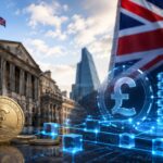 イングランド銀行を背景に、ポンド建てデジタル通貨とブロックチェーンネットワークを表現したイメージ