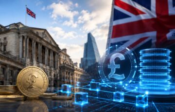 イングランド銀行を背景に、ポンド建てデジタル通貨とブロックチェーンネットワークを表現したイメージ