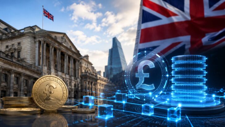 イングランド銀行を背景に、ポンド建てデジタル通貨とブロックチェーンネットワークを表現したイメージ