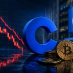 Coinbaseの業績悪化と仮想通貨市場低迷をイメージしたビジネスイラスト