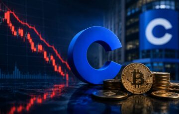 Coinbaseの業績悪化と仮想通貨市場低迷をイメージしたビジネスイラスト