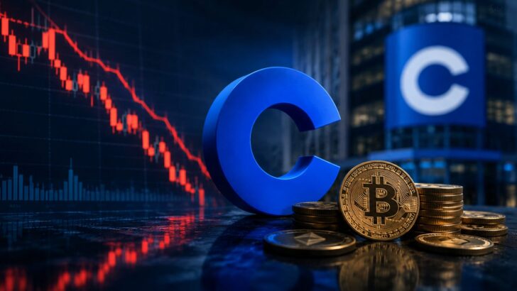 Coinbaseの業績悪化と仮想通貨市場低迷をイメージしたビジネスイラスト