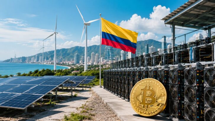 コロンビアの再生可能エネルギーとビットコイン採掘施設をイメージしたアイキャッチ