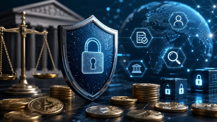 仮想通貨取引のコンプライアンス強化を示す盾や南京錠、法規制をイメージしたアイキャッチ