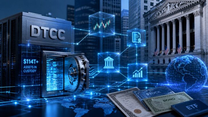 DTCCが114兆ドルの資産を対象にトークン化を進めるイメージ、証券とブロックチェーンネットワークを表現