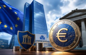 欧州の金融街を背景に、ユーロ建てデジタル通貨とひび割れた銀行の盾が並ぶイメージ