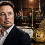 イーロン・マスク氏とOpenAI裁判、仮想通貨発言をイメージした法廷とビットコイン・ドージコインのビジュアル