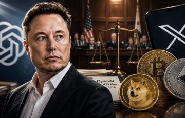 イーロン・マスク氏とOpenAI裁判、仮想通貨発言をイメージした法廷とビットコイン・ドージコインのビジュアル