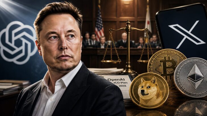 イーロン・マスク氏とOpenAI裁判、仮想通貨発言をイメージした法廷とビットコイン・ドージコインのビジュアル