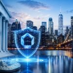 ニューヨークの都市景観と規制を象徴する建物、仮想通貨の保護を示すデジタルシールド