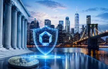 ニューヨークの都市景観と規制を象徴する建物、仮想通貨の保護を示すデジタルシールド