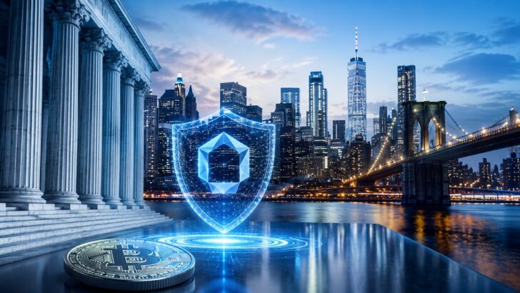 ニューヨークの都市景観と規制を象徴する建物、仮想通貨の保護を示すデジタルシールド
