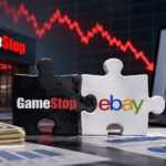 ゲームストップによるeBay買収提案とGME株下落をイメージしたビジネスイラスト