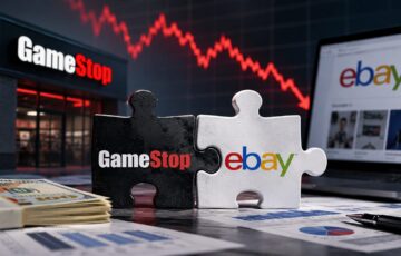ゲームストップによるeBay買収提案とGME株下落をイメージしたビジネスイラスト